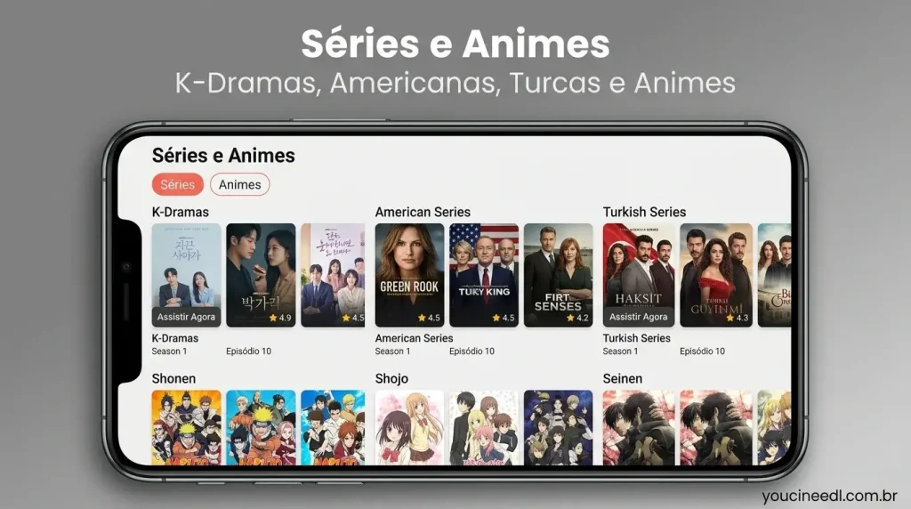 YouCine APK conteúdo series animes interface K-Dramas