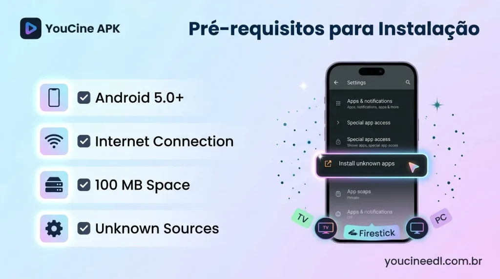 YouCine APK pre requisitos instalacao Android 5.0 internet